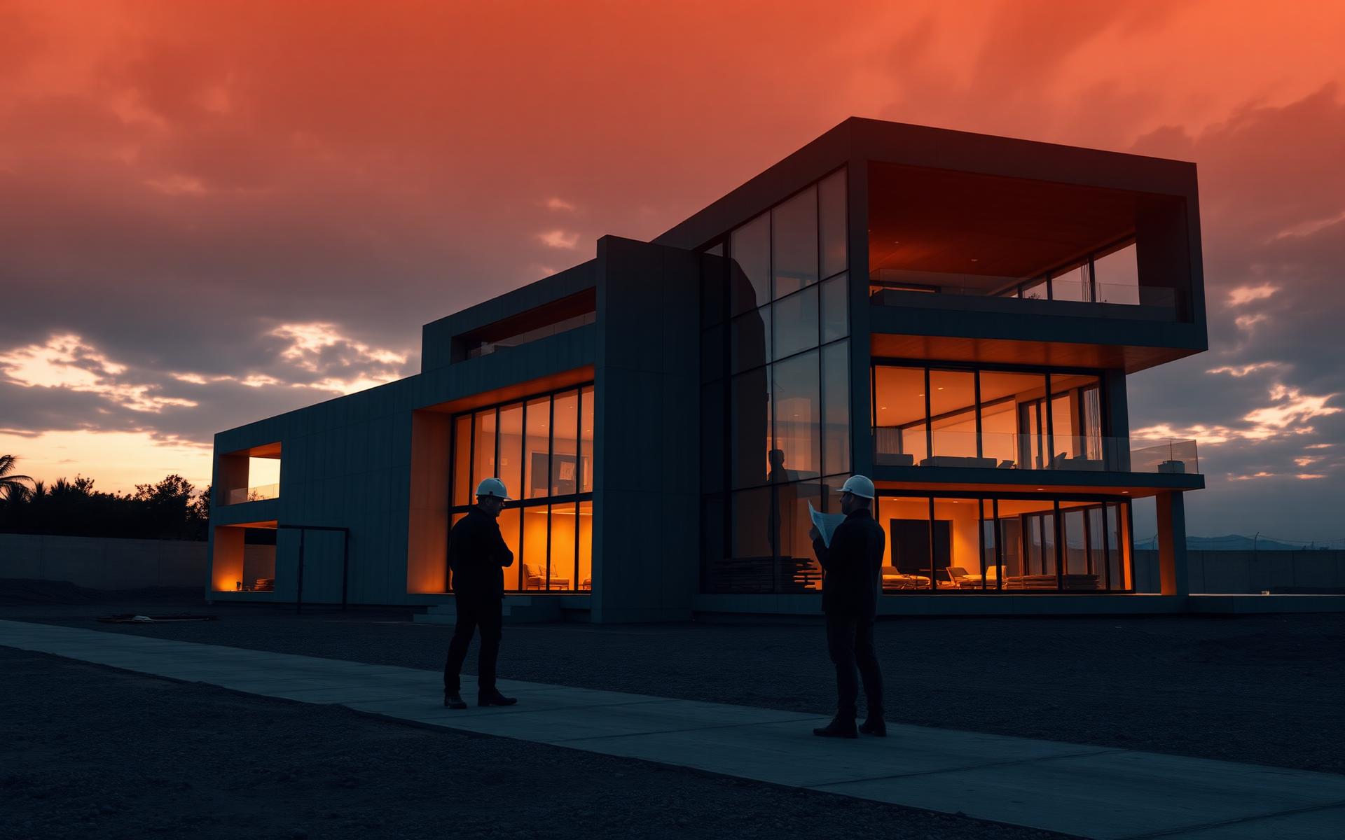 Luxury architectural construction site at golden hour